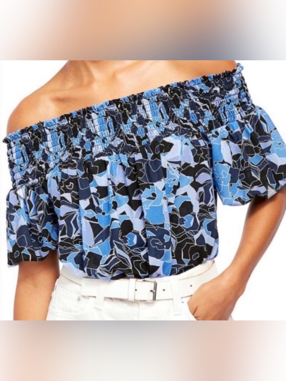 Free People Blue Floral Off-Shoulder Smocked Top